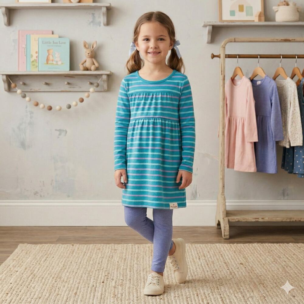 Hanna Andersson Blue Pink Stripe Knit Long Sleeve Dress 130 / 8